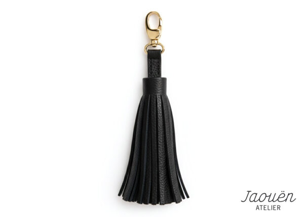 porte-cles-pompon-cuir-noir-mousqueton